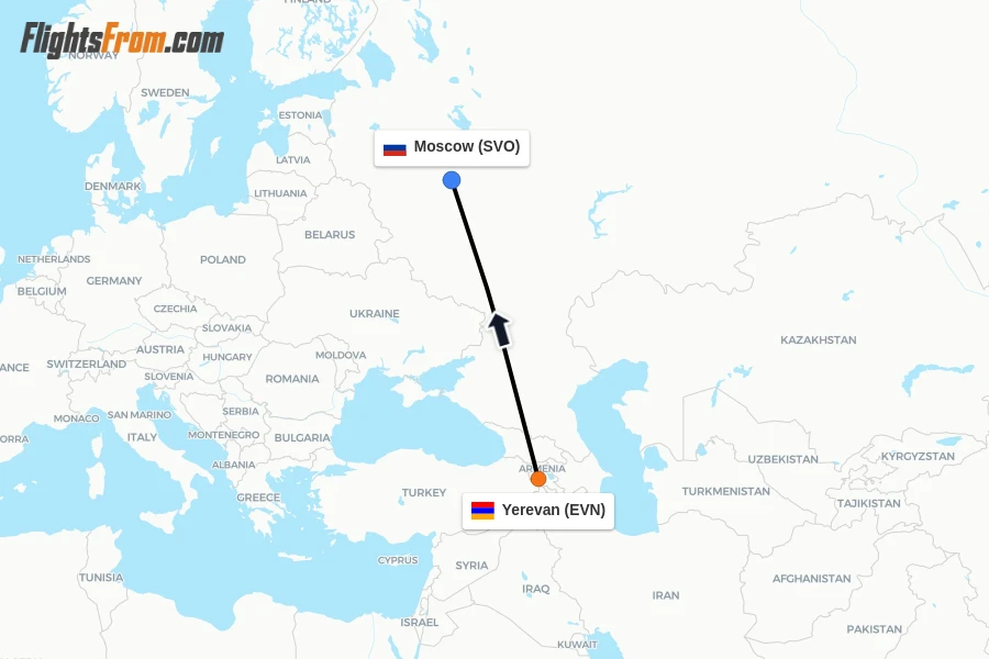 Flights from Yerevan to Moscow route map
