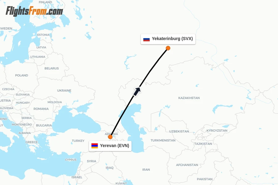 Flights from Yerevan to Yekaterinburg route map