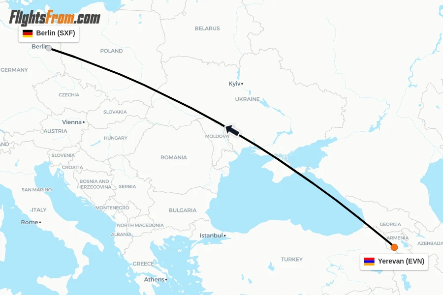 Flights from Yerevan to Berlin route map