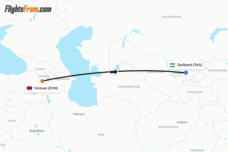 Flights from Yerevan to Tashkent route map