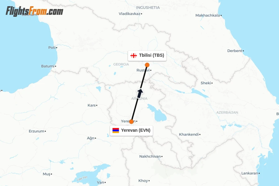 Flights from Yerevan to Tbilisi route map