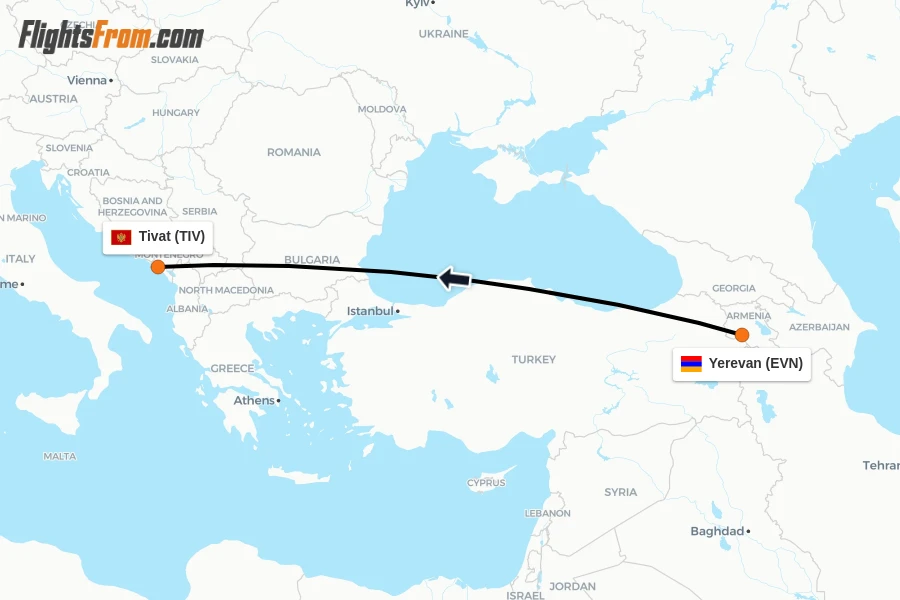 Flights from Yerevan to Tivat route map