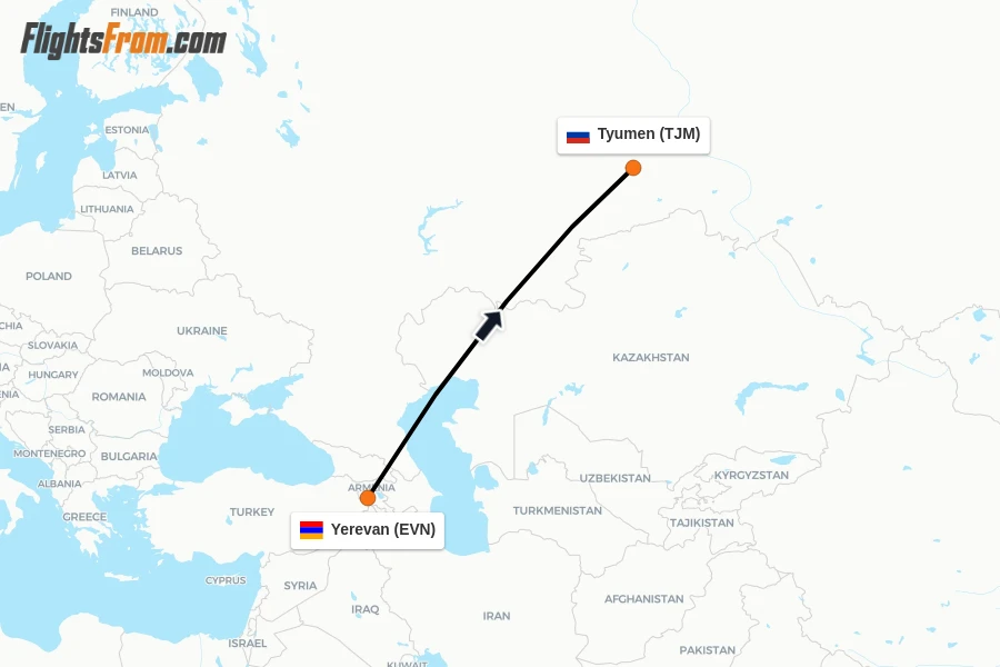 Flights from Yerevan to Tyumen route map