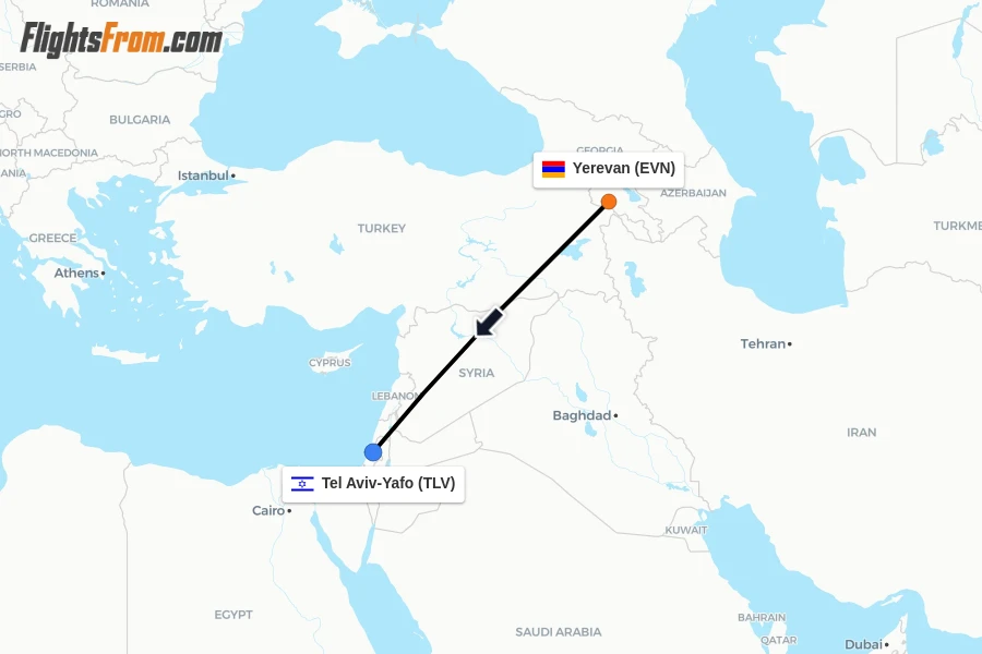 Flights from Yerevan to Tel Aviv-Yafo route map