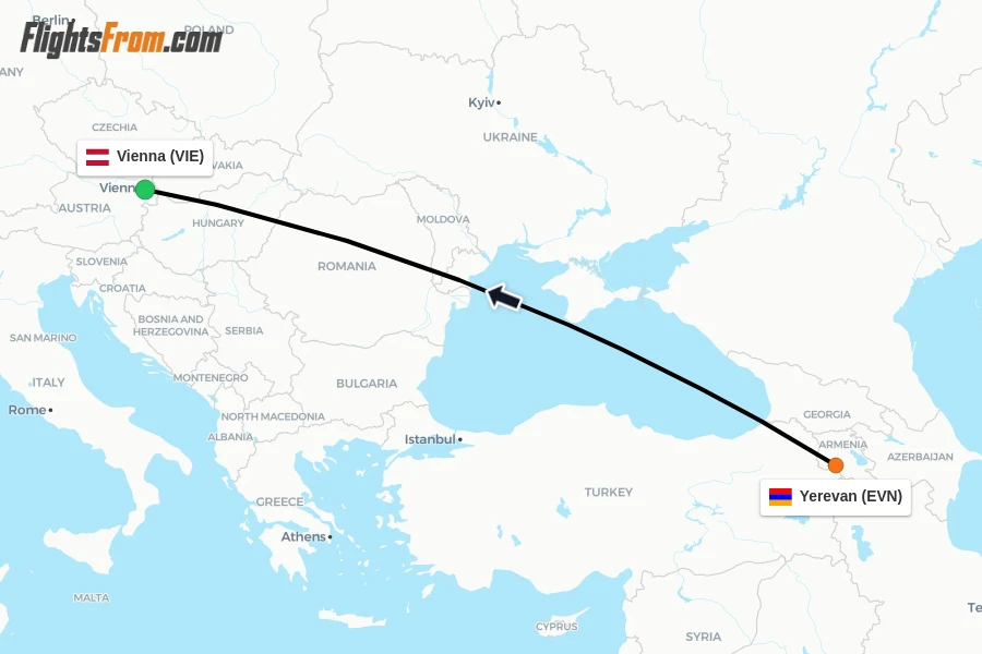 Flights from Yerevan to Vienna route map