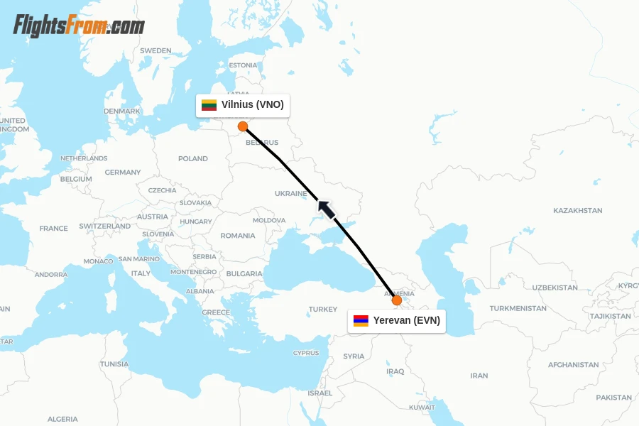 Flights from Yerevan to Vilnius route map