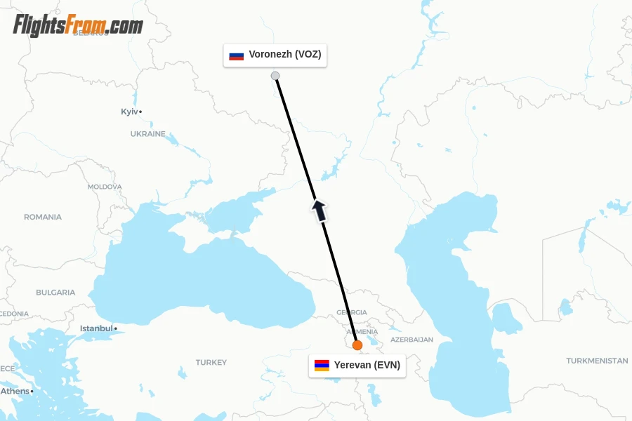 Flights from Yerevan to Voronezh route map