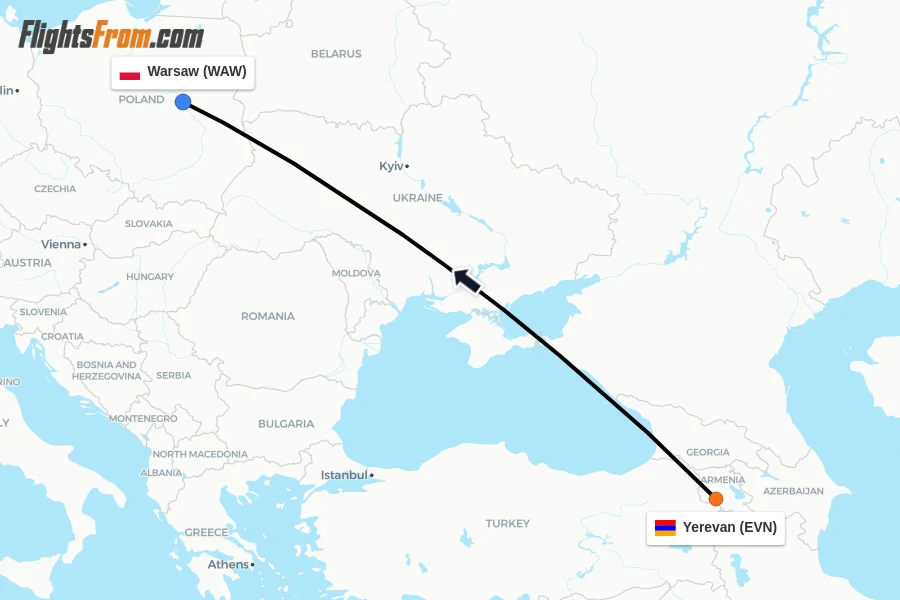 Flights from Yerevan to Warsaw route map