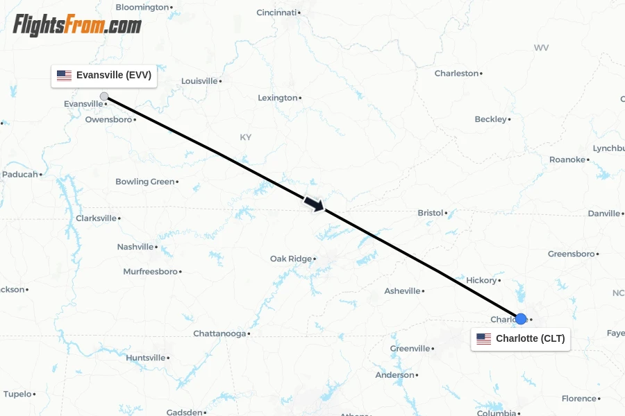 Flights from Evansville to Charlotte route map