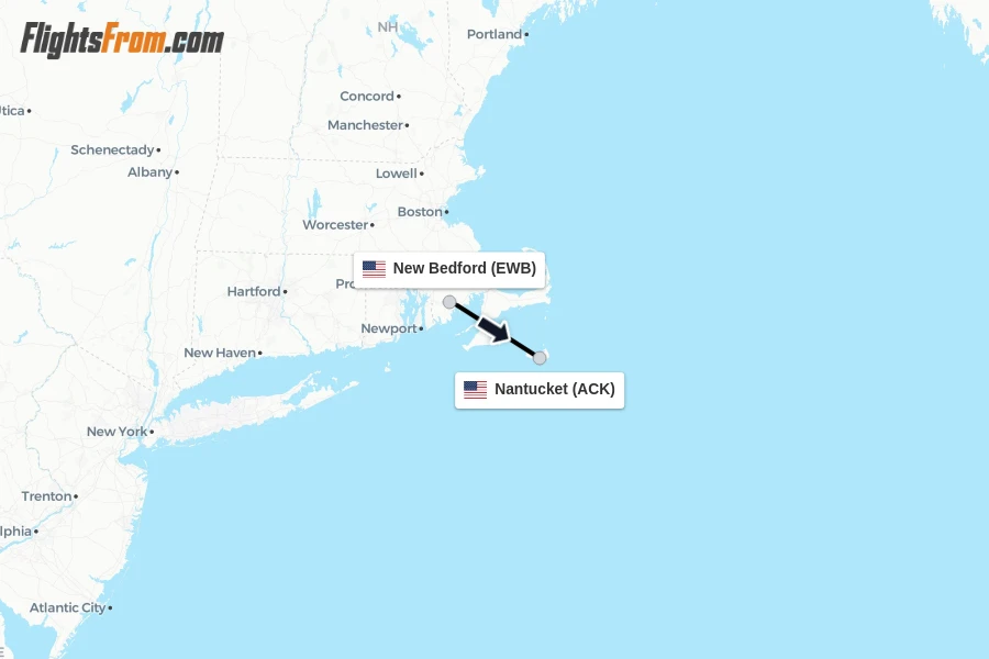Flights from New Bedford to Nantucket route map