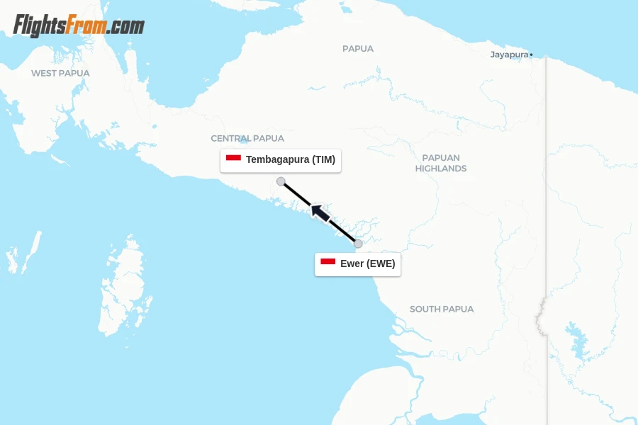 Flights from Ewer to Tembagapura route map