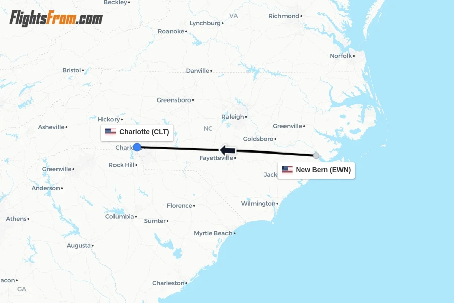 Flights from New Bern to Charlotte route map