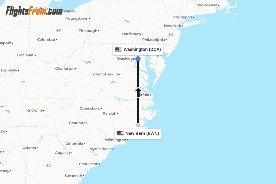 Flights from New Bern to Washington route map