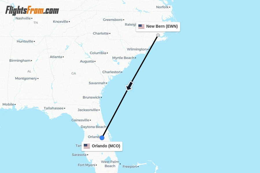 Flights from New Bern to Orlando route map