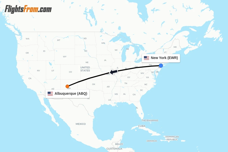 Flights from New York to Albuquerque route map