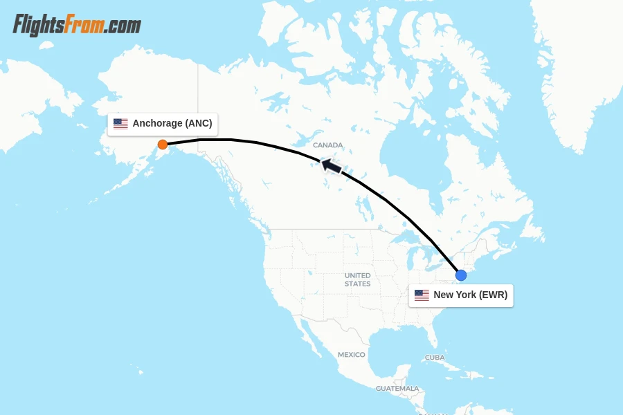 Flights from New York to Anchorage route map