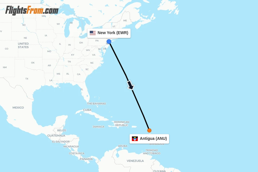 Flights from New York to Antigua route map