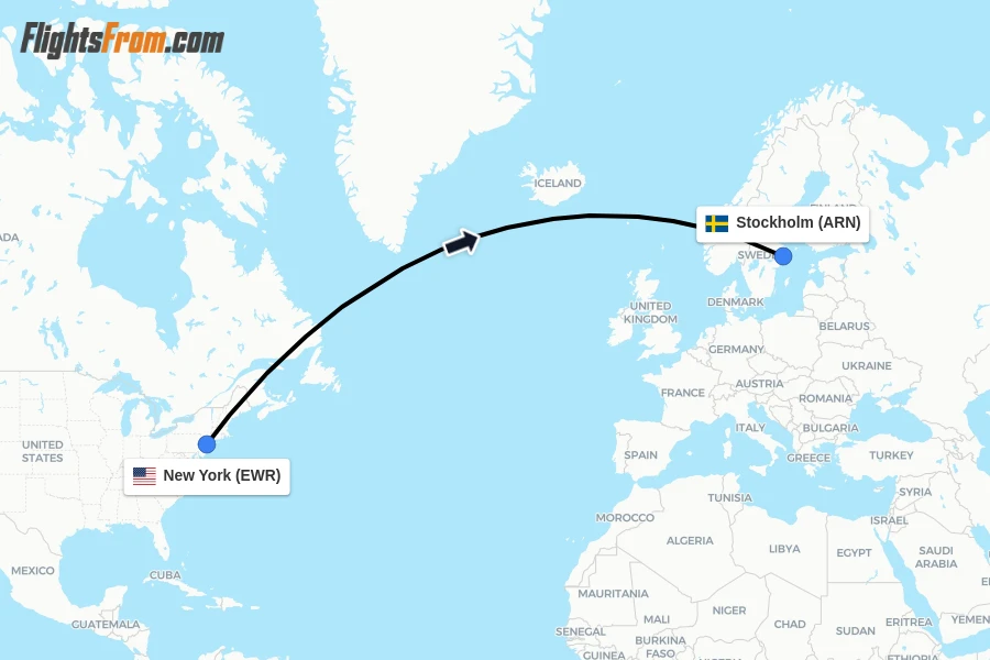 Flights from New York to Stockholm route map