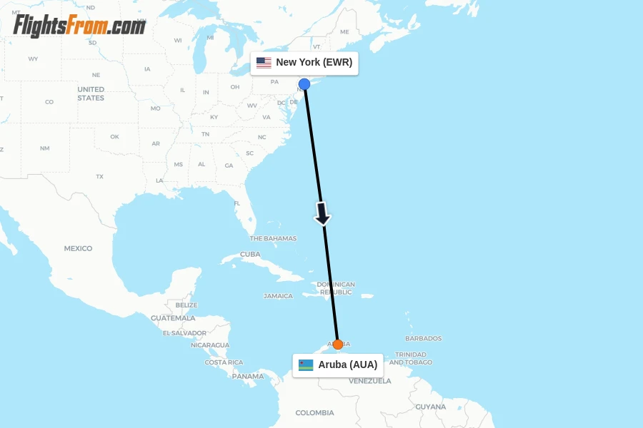 Flights from New York to Aruba route map