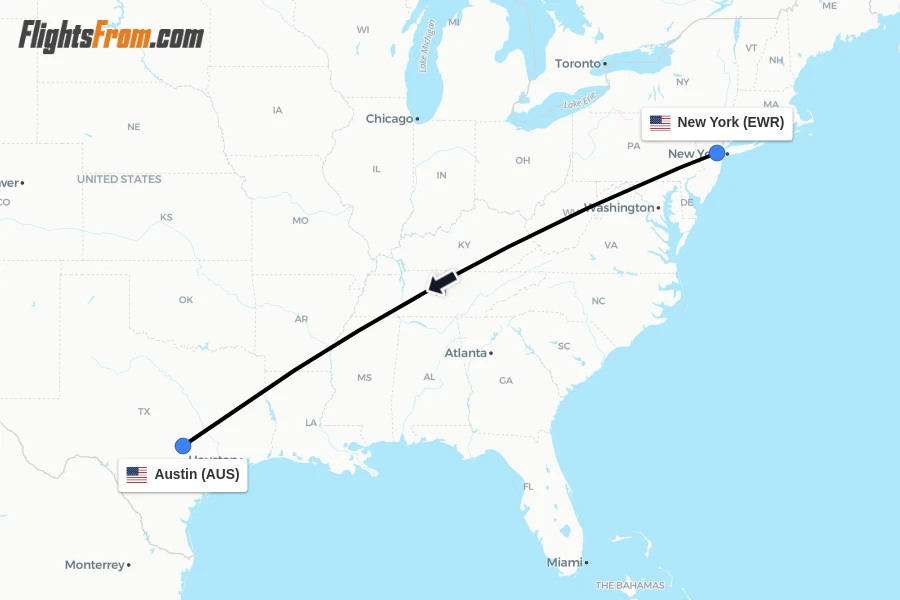 Flights from New York to Austin route map