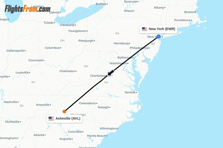 Flights from New York to Asheville route map