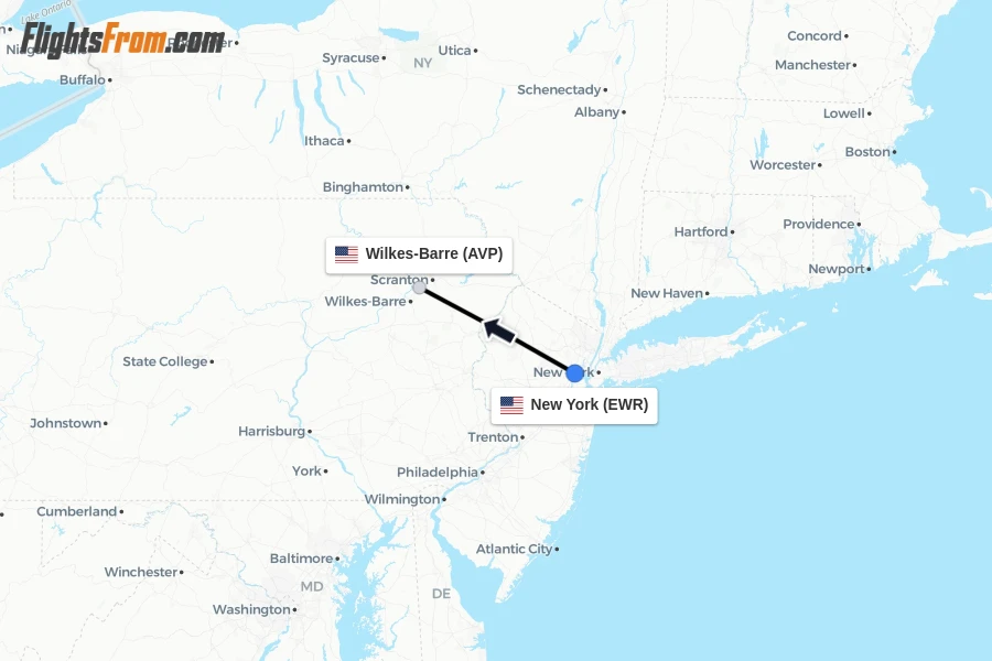 Flights from New York to Wilkes-Barre route map