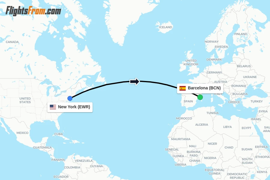 Flights from New York to Barcelona route map