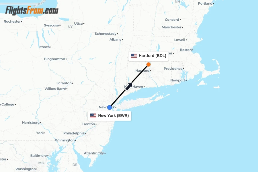 Flights from New York to Hartford route map