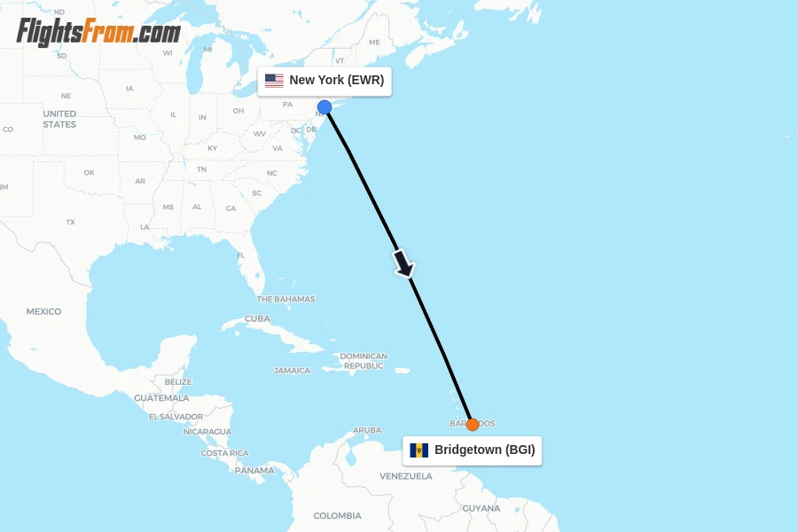Flights from New York to Bridgetown route map