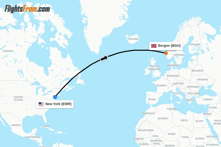Flights from New York to Bergen route map