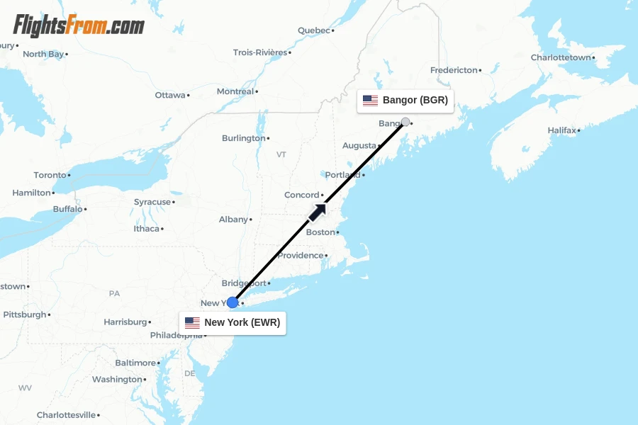 Flights from New York to Bangor route map