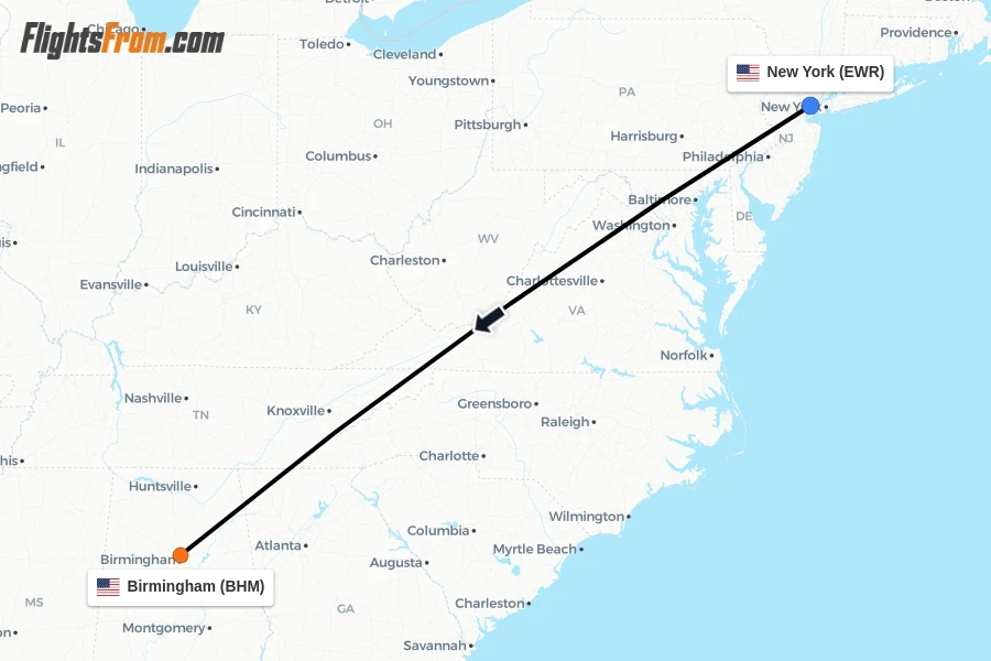 Flights from New York to Birmingham route map