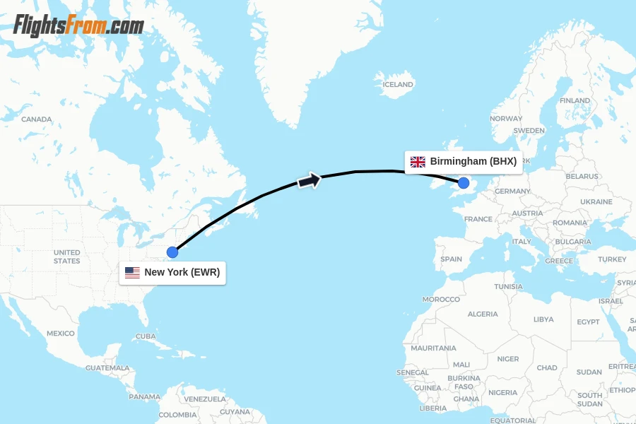 Flights from New York to Birmingham route map