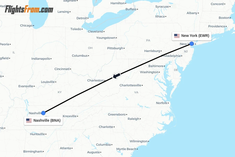 Flights from New York to Nashville route map