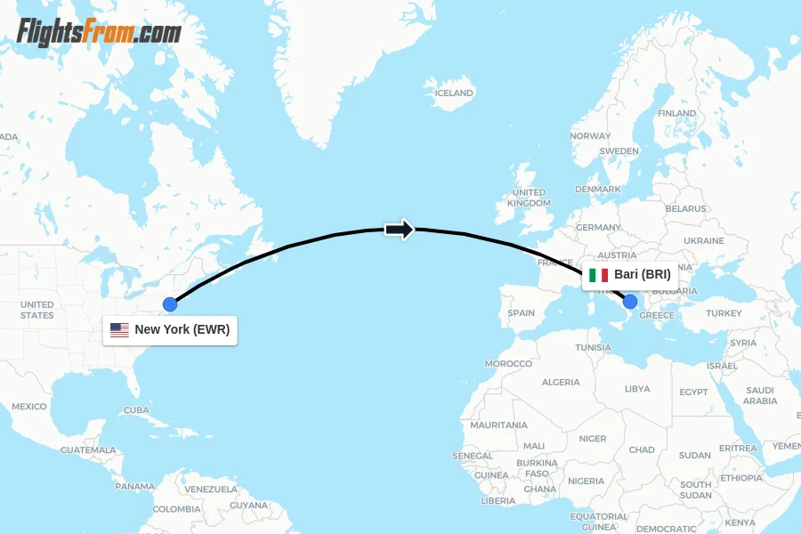 Flights from New York to Bari route map