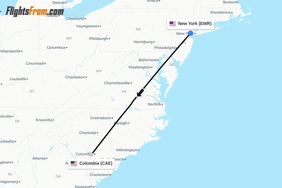 Flights from New York to Columbia route map