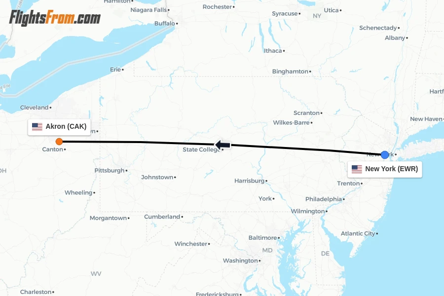 Flights from New York to Akron route map