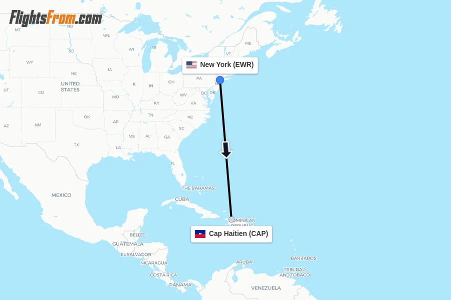 Flights from New York to Cap Haitien route map