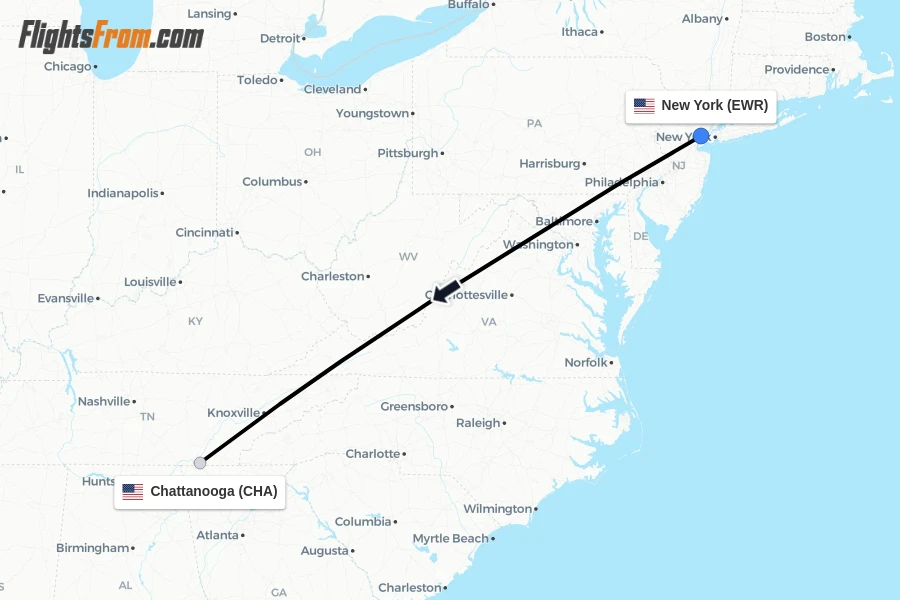 Flights from New York to Chattanooga route map
