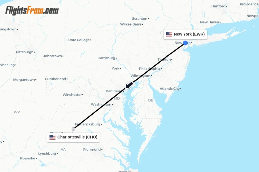 Flights from New York to Charlottesville route map