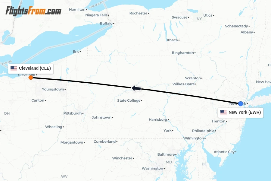 Flights from New York to Cleveland route map
