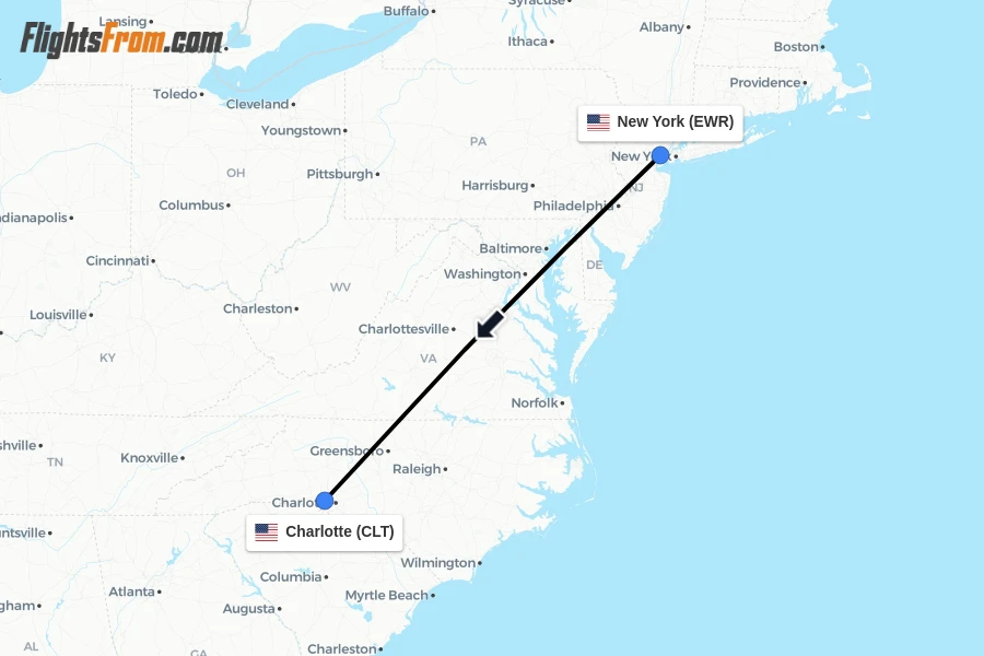 Flights from New York to Charlotte route map