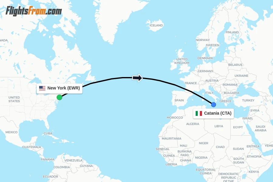 Flights from New York to Catania route map