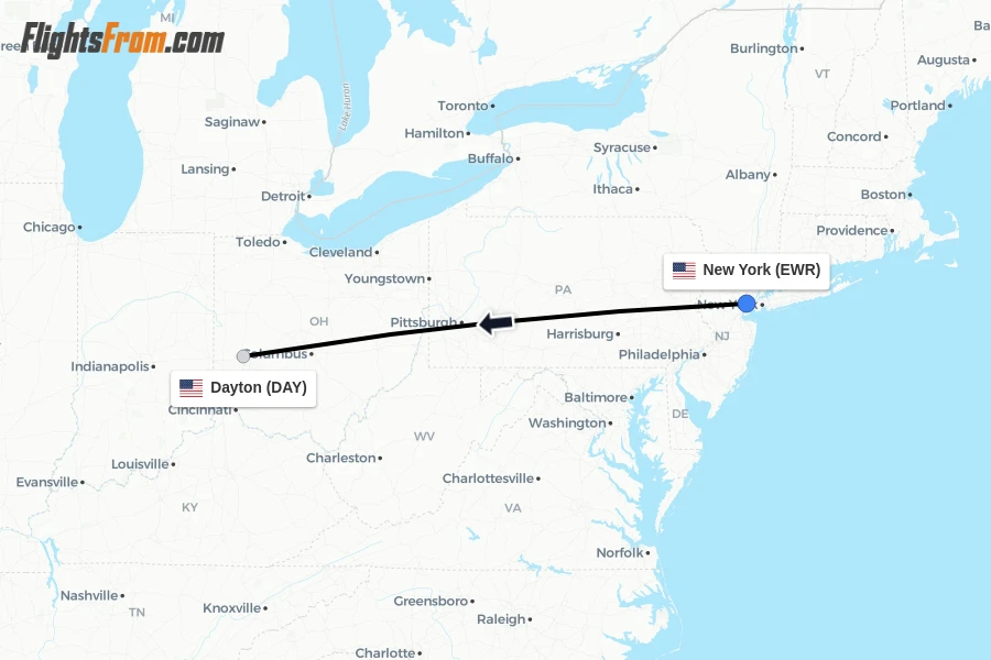 Flights from New York to Dayton route map