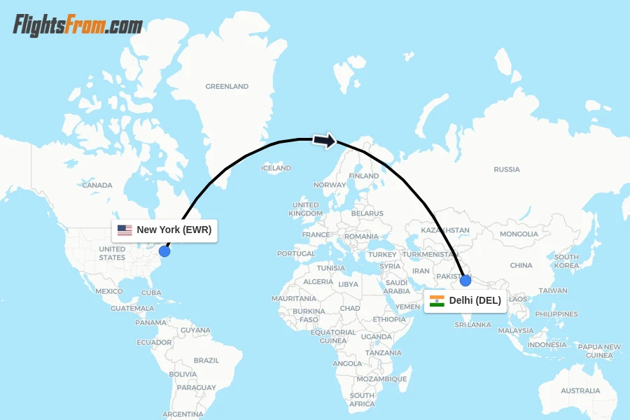 Flights from New York to Delhi route map