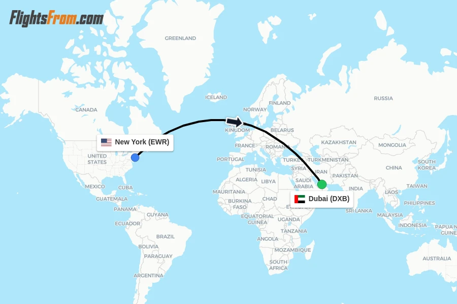 Flights from New York to Dubai route map