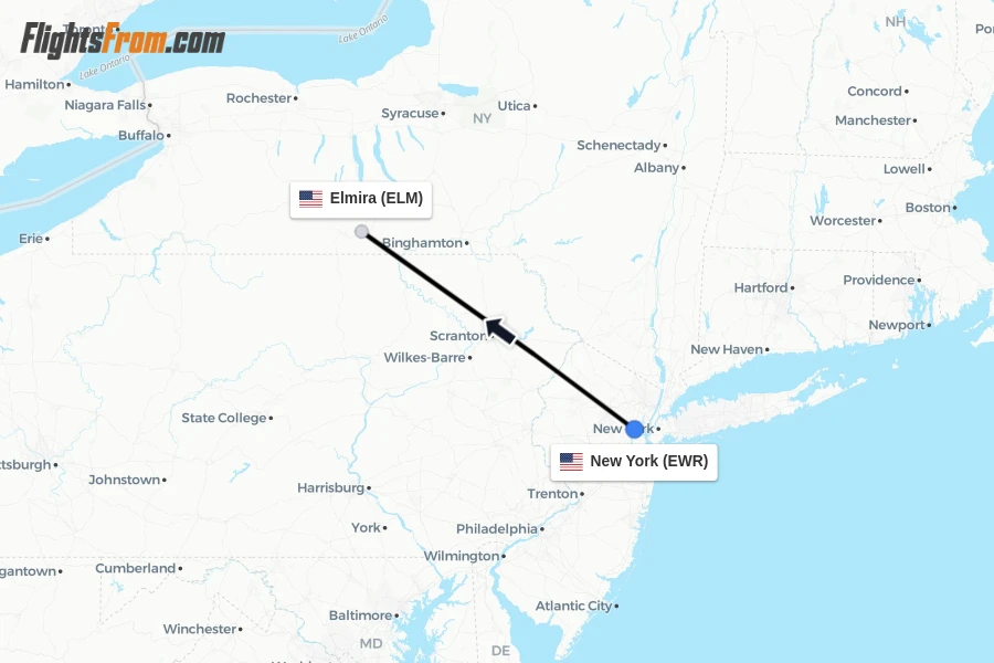 Flights from New York to Elmira route map