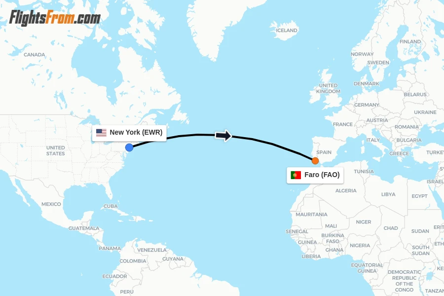 Flights from New York to Faro route map