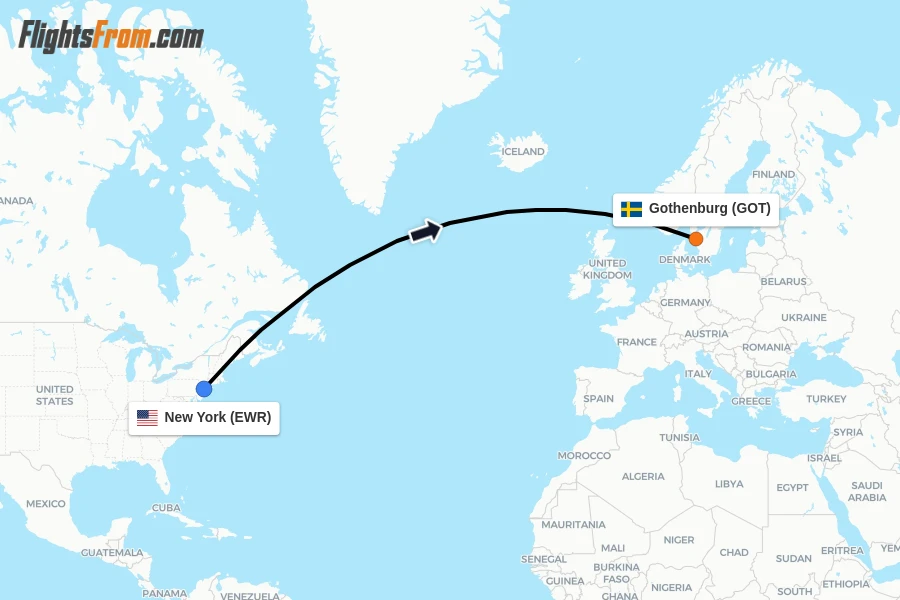 Flights from New York to Gothenburg route map