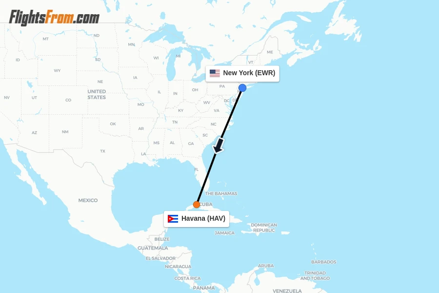 Flights from New York to Havana route map